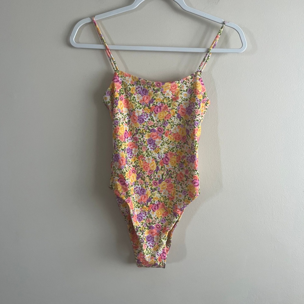 RESA Swim One Piece Swimsuit XS NWT Yellow Ditsy Floral Square Neck High Leg